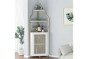 Amyove Corner Wine Bar Cabinet with Detachable Wine Rack, Industrial Wine Cabinet with Glass Holder, Small Sideboard and Liquor Coffee Bar Cabinet with Mesh Door, ‎Gold