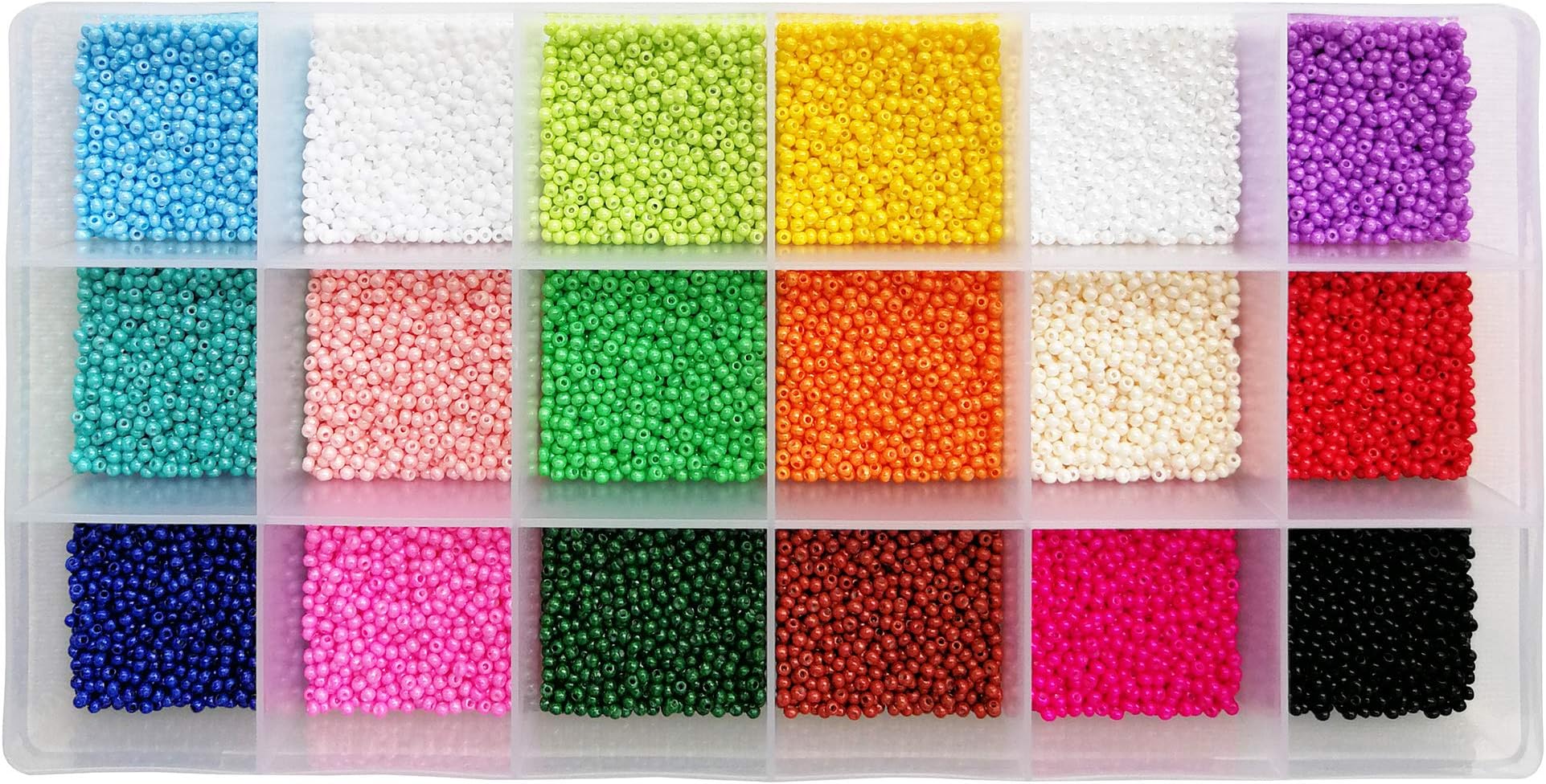 BALABEAD Size Almost Uniform Seed Beads About 18000pcs in Box Opaque Color Seed Beads 18 Multicolor Assortment 2mm Glass Craft Seed Beads for Jewelry Making, Hole 0.6mm (1000pcs/Color, 18 Colors)