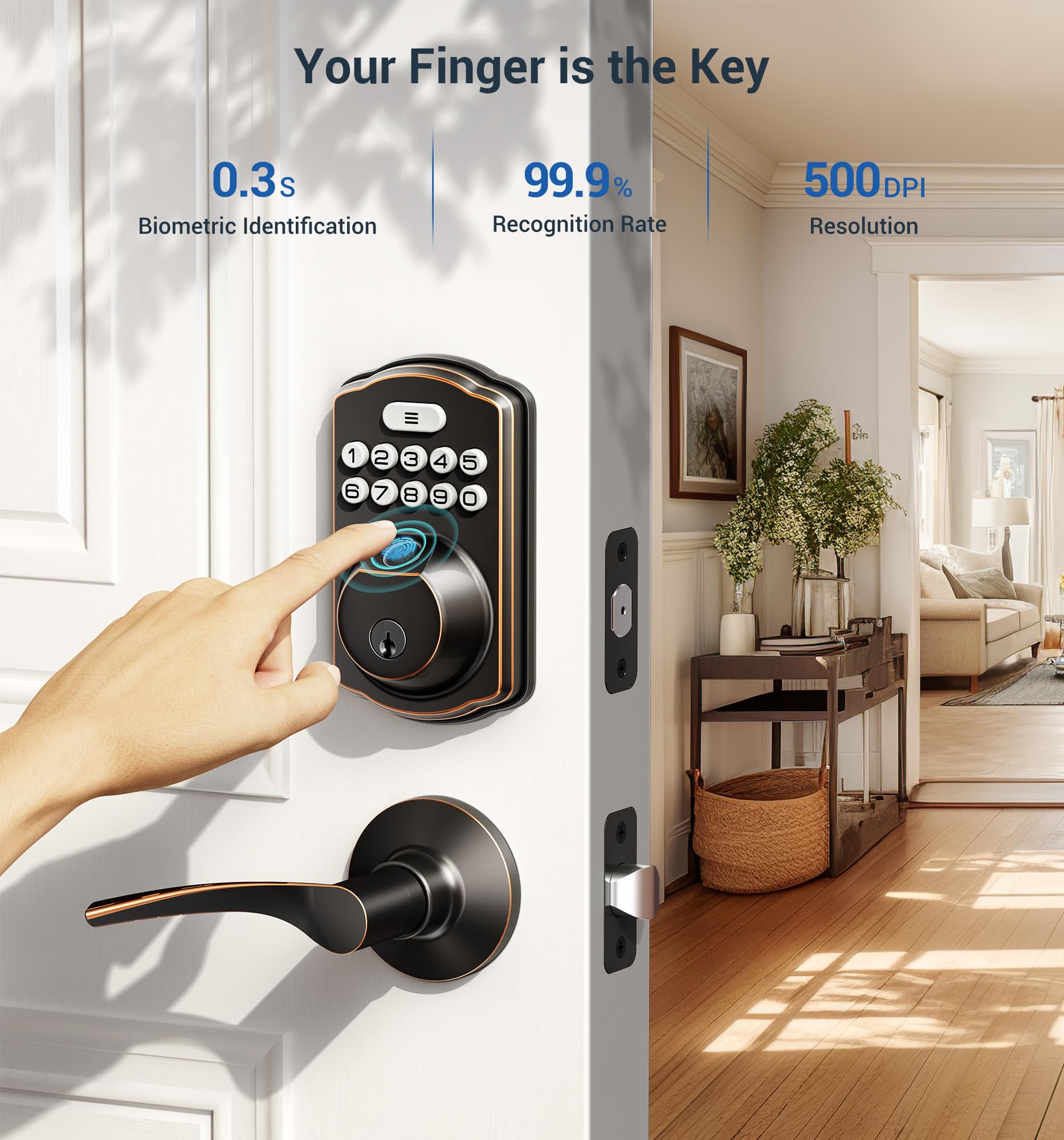 Veise Fingerprint Door Lock with 2 Lever Handles - Keyless Entry Door Lock, Electronic Keypad Deadbolt, Digital Smart Code & Front Handle Sets, Auto-Locking, Easy Installation, Oil Rubbed Bronze