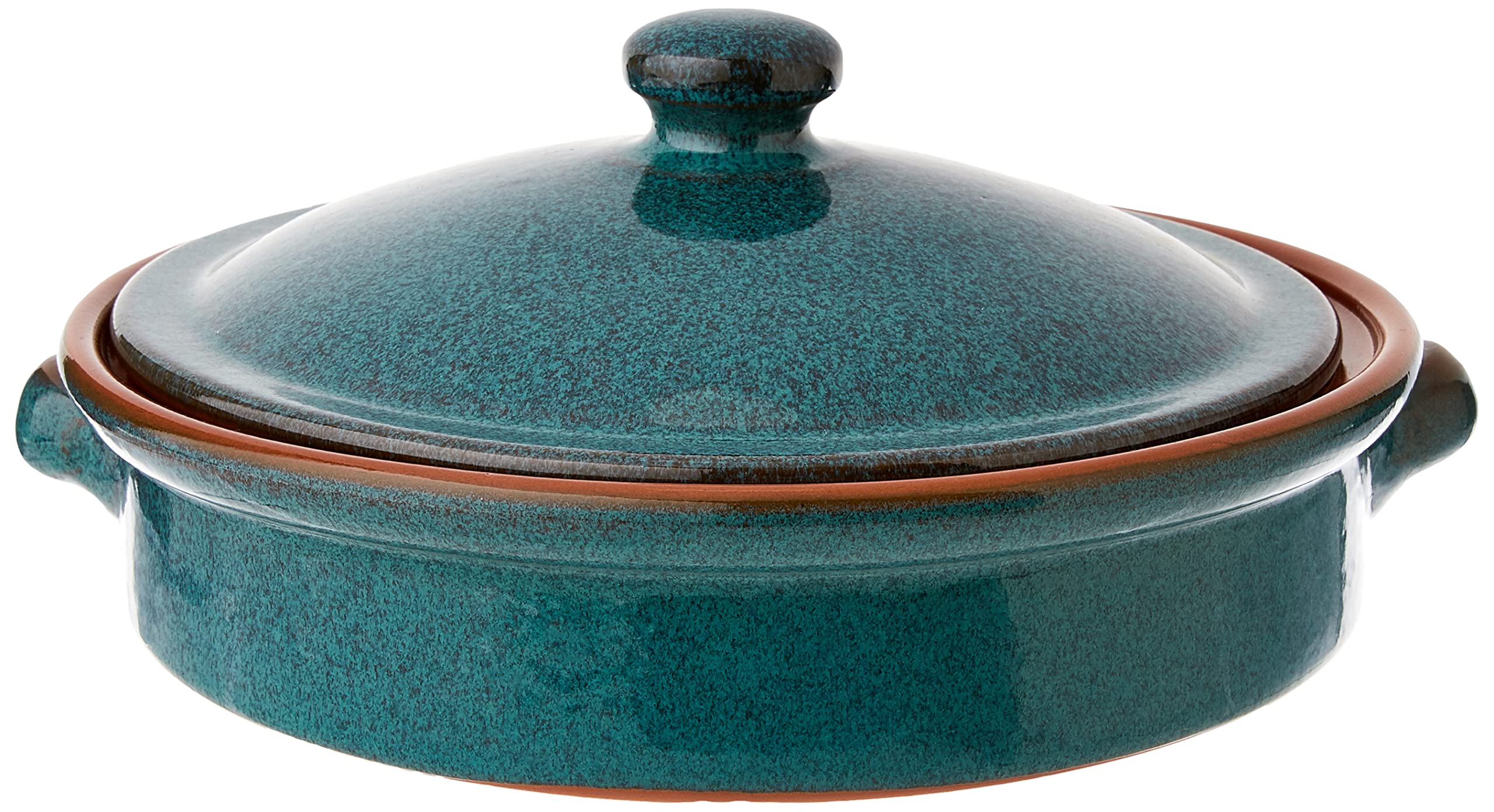 Amazing Cookware 25cm Terracotta Round Dish with Lid in 'Peacock Green