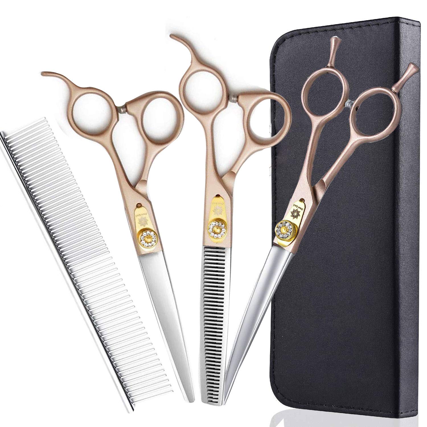 Dream Reach 7 Inches Professional Pet Grooming Scissors Kit, 440C Japanese Steel Straight & Curved & Thinning & Chunker Shears/Scissors Set for Dog Cat and More Pets (7-inch-Grooming Scissors Set 01)
