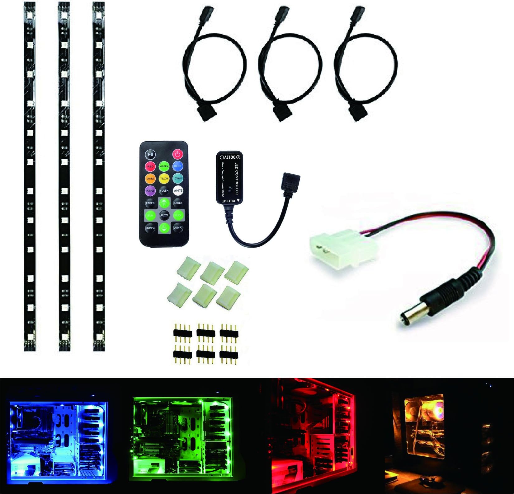 ROLiGHTiC LED Light Strip Desktop PC Computer Mid Tower Kit, Black PCB,3 Pcs of 1ft (30cm) LED Waterproof Strip Lights for Screen, Background Accent Lighting with Remote Control, Led Strip Connector