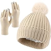 Geyoga Winter Hats and Gloves Set Knit Beanie Pom Hat with Warm Fleece Lining Touchscreen Gloves Skull Cap for Women Men