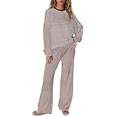 Yanekop Womens Striped Lounge Set Long Sleeve Matching Sets Oversized Pajama Sets Striped Shirt Wide Leg Pants