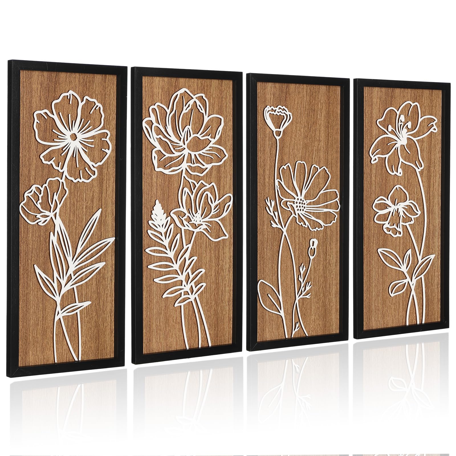 Photo 1 of Wesiti 3D Wooden Floral Wall Art Set of 4 Lightweight Ready to Hang Framed Flower Wall Decor for Living Room Bedroom Office Boho Botanical Rustic Farmhouse Decorations Gift Boxed