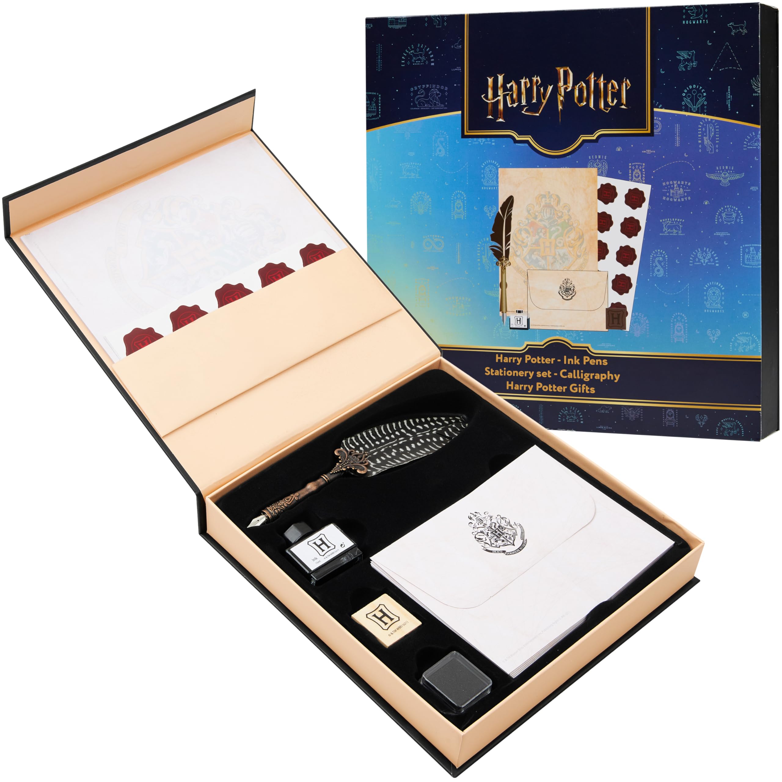 Harry Potter Gifts Stationery Set with Quill Pen Ink Stamps Writing Set with Paper Envelopes Hogwarts Seal Stickers Gift for Kids Teens Collectors