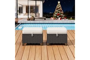 MeetLeisure 2 Pieces Patio Outdoor Ottomans with Removable and Washable Covers，PE Rattan Wicker Footstools for Porch, Garden, Sunroom (Beige)