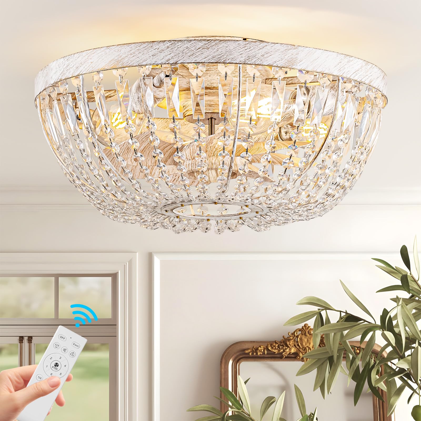 Photo 1 of XYLLIFY White Crystal Caged Fandelier Ceiling Fan with Light & Remote, Flush Mount Low Profile Chandelier Fan for Bedroom, Living Room, Dining Room and Nursery?6 Speeds