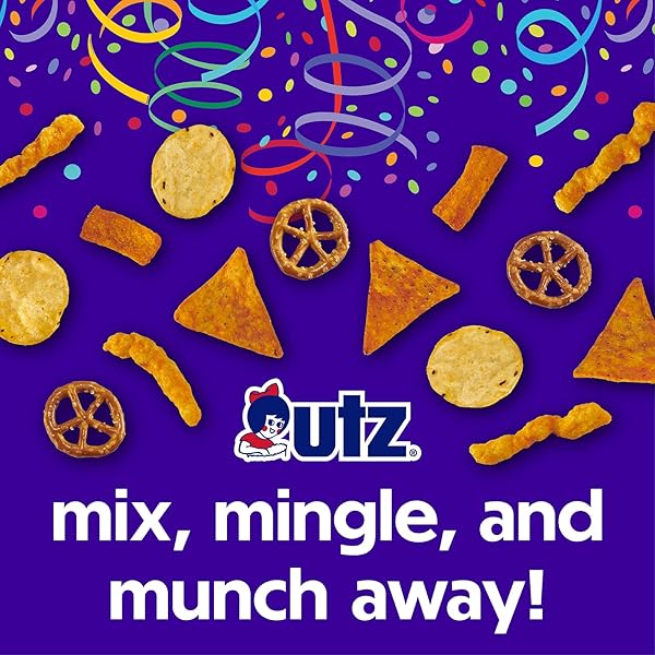 UTZ PARTY MIX – 26 OUNCE BARREL – TASTY SNACK MIX INCLUDES CORN/NACHO TORTILLAS, PRETZELS, BBQ CORN CHIPS AND CHEESE CURLS, EASY AND QUICK PARTY SNACKS, CHOLESTEROL FREE AND TRANS-FAT FREE