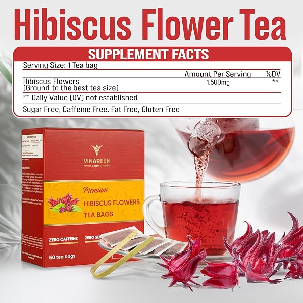 VINAREEN HIBISCUS TEA BAGS, 100 COUNT – HERBAL TEA MADE FROM PURE HIBISCUS FLOWERS – TE DE FLOR DE JAMAICA – SUPPORT DIGESTION, HEALTHY SKIN & SLEEP – CAFFEINE FREE, SUGAR FREE, VEGAN, NON-GMO, NO ADDITIVES.