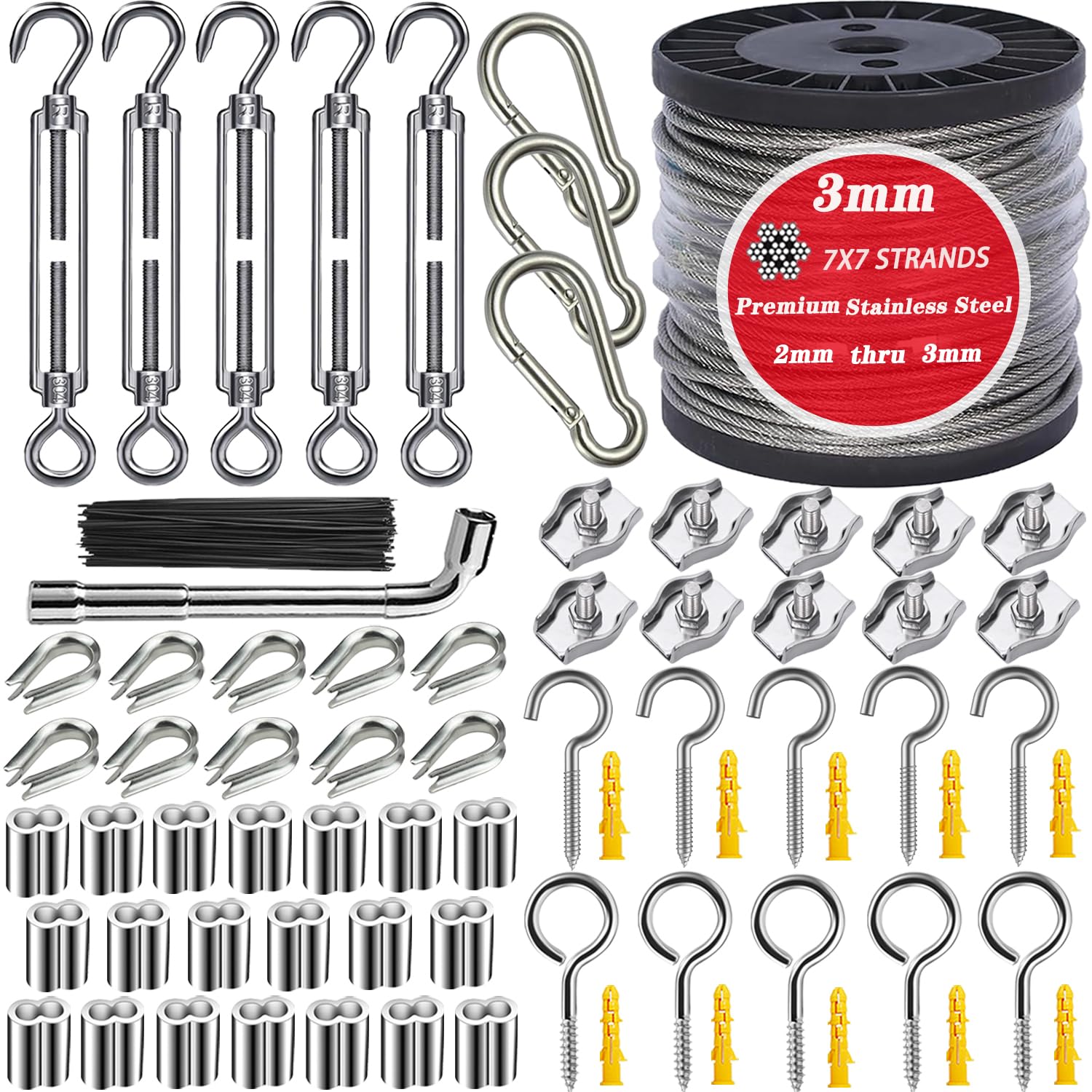 Photo 1 of Roxanned 1/8" Stainless Steel Cable,100ft Wire Rope Kit Turnbuckles for Cables Wire, 7x7 Strand Core 3/32" Overmolded to 1/8" Metal Cable for Outdoor Hanging Kit,Garden Fence,Decor, Plant Hanger