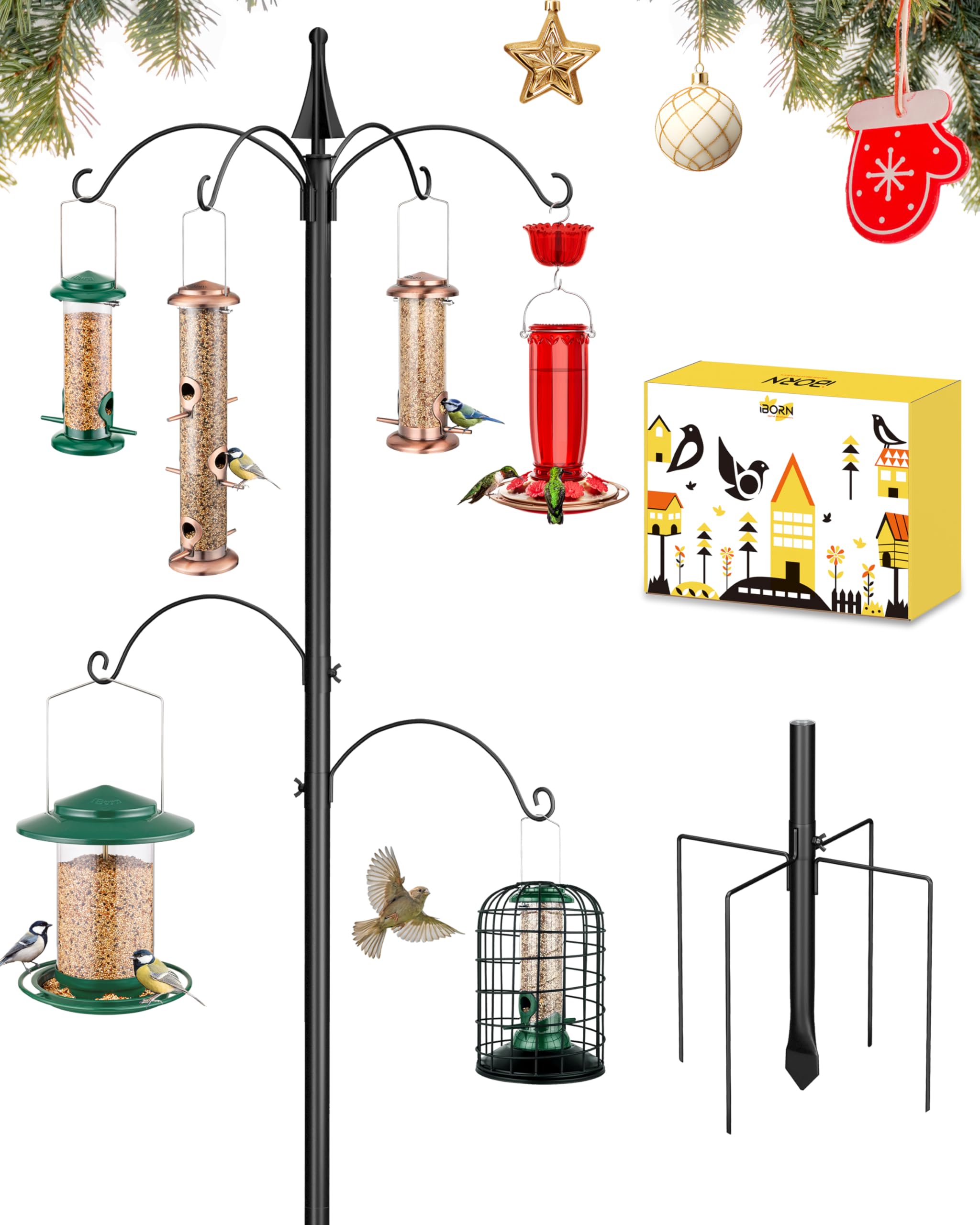 iBorn Bird Feeders Hanging Station 87Inch Wild Bird Feeding Stand Heavy Duty For Feeders Hanging, 1 Inch Thickness Pole With 6-Hooks, 5-Prong Pole Stabilizer Base(Bird Feeders NOT Included)
