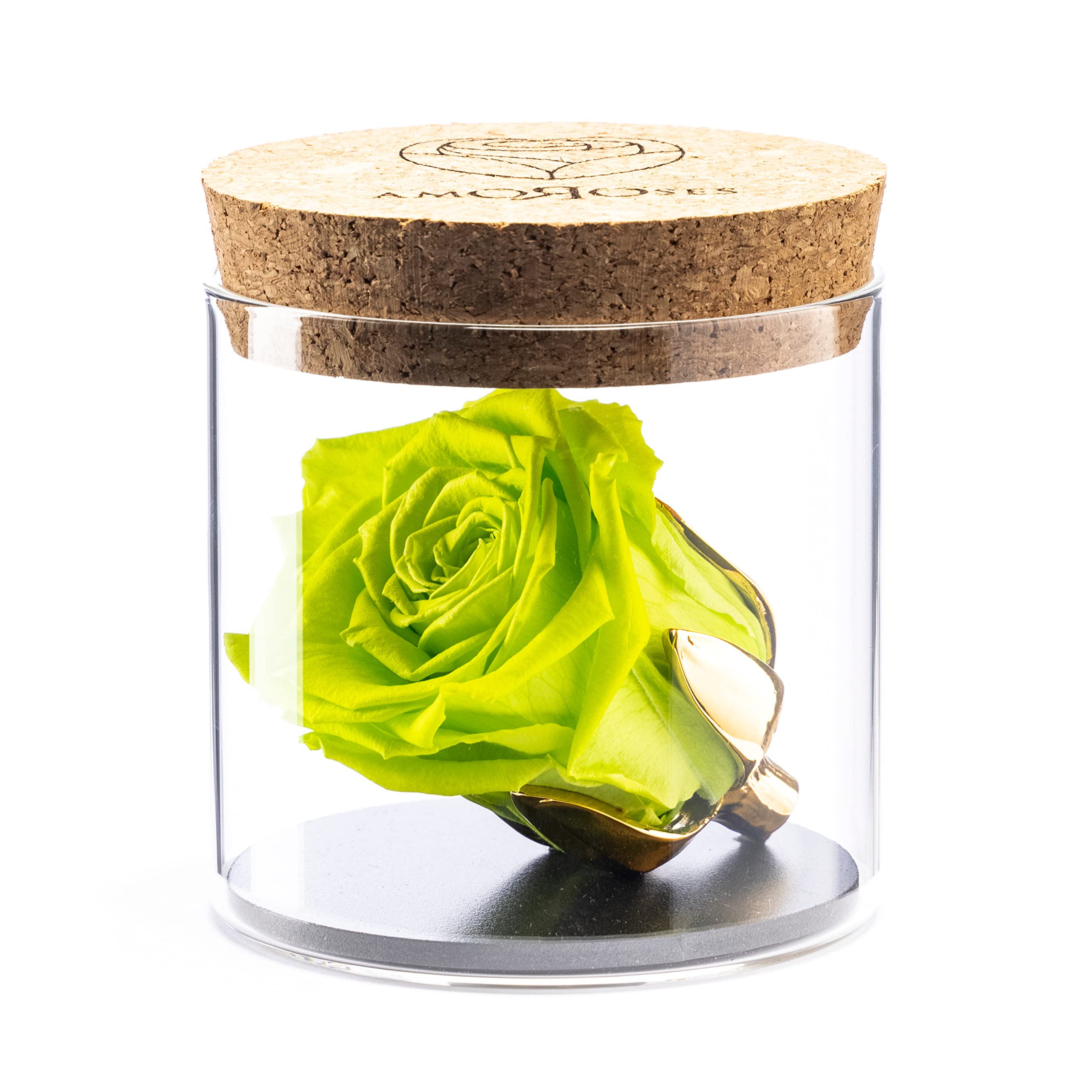 Amoroses Bijou - Eternal Stabilised Rose with 24K Gold Plated Calyx in Glass Jar | Gift Idea (Apple Green Rose) โ image 1