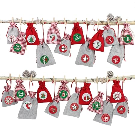 Papierdrachen 24 Adventskalender Stoffsäckchen zum Befüllen - mit Bäkergarn und Klammern - Stoffbeutel zum selber Dekorieren 