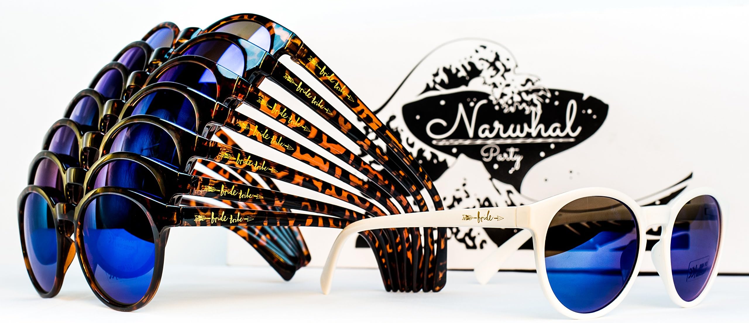 Bride Tribe Sunglasses by Narwhal Party - 1 Pair of White and 7 Pairs of Tortoise Shell Glasses with Blue Mirror Lenses are Perfect for Bridesmaids, Bridal Party Favors, and Bachelorette Parties