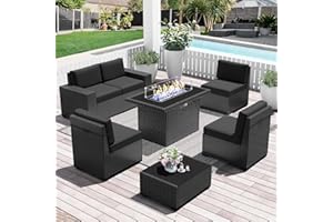LayinSun 7 Pieces Outdoor Patio Furniture Set with 44" Fire Pit Table Rattan Sectional Sofa Conversation Sets
