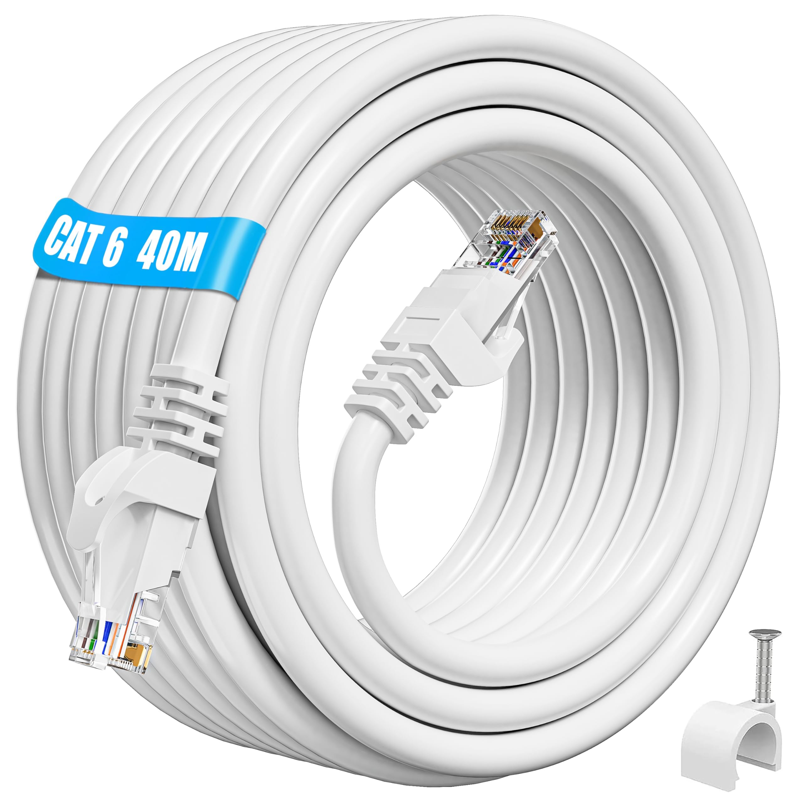ikbc Ethernet Cable 40m, Cat 6 Internet Cable 40m Outdoor, Gigabit RJ45 LAN Cable 40 meter, UTP 23AWG With 40 Clips -White