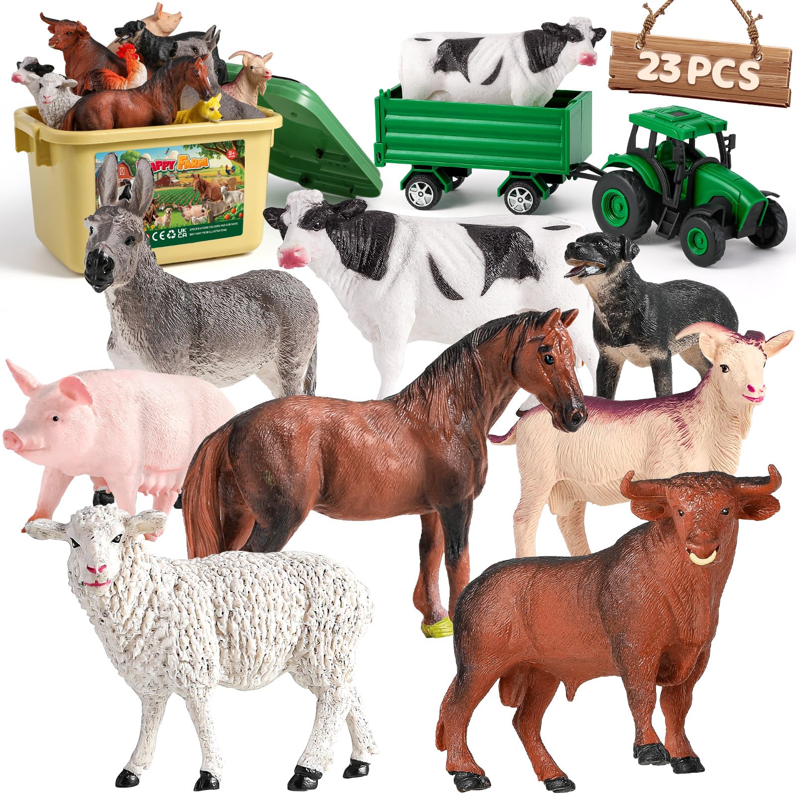 WAIIW Farm Animal Toys for Toddlers,23 PCS Animal Toys with Realistic Animal Figurines,Tractor Toy and Fence,Farm Playset Educational Learning Toys for Toddlers Kids 3-5