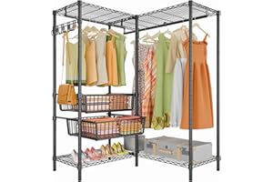 VIPEK L9 Heavy Duty Clothing Rack L Shape Garment Rack Standing Closet Rack for Hanging Clothes, Corner Clothes Rack with Adjustable Shelves Metal Wardrobe with Slide Baskets, Max Load 700LBS, Black