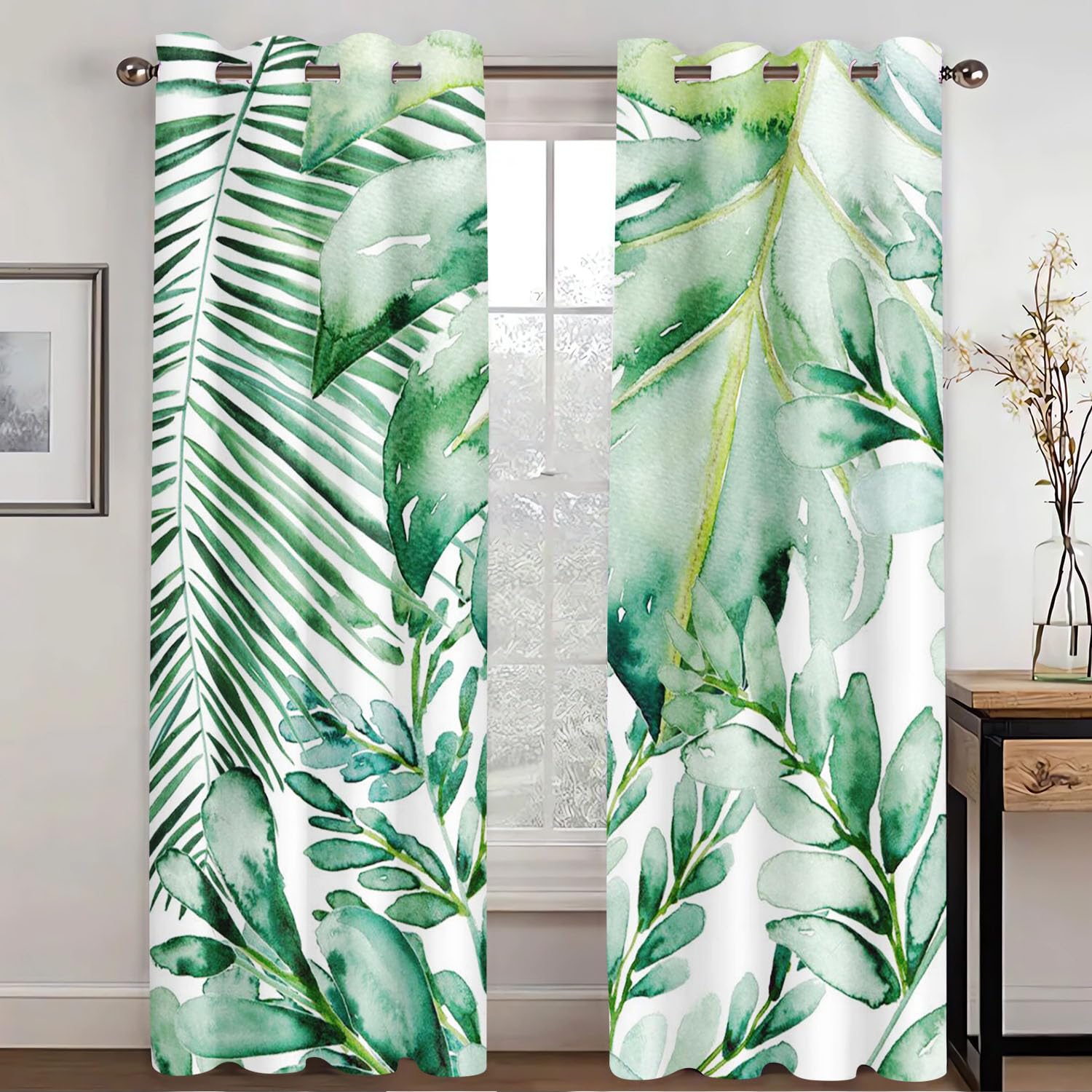 KARPIX Opaque Tropical Plants Palm Leaves Monstera Blackout Curtain Natural Theme Window Curtain with Eyelets for Children's Room (1.150 x 166 cm (2 x 75 x 166 cm))