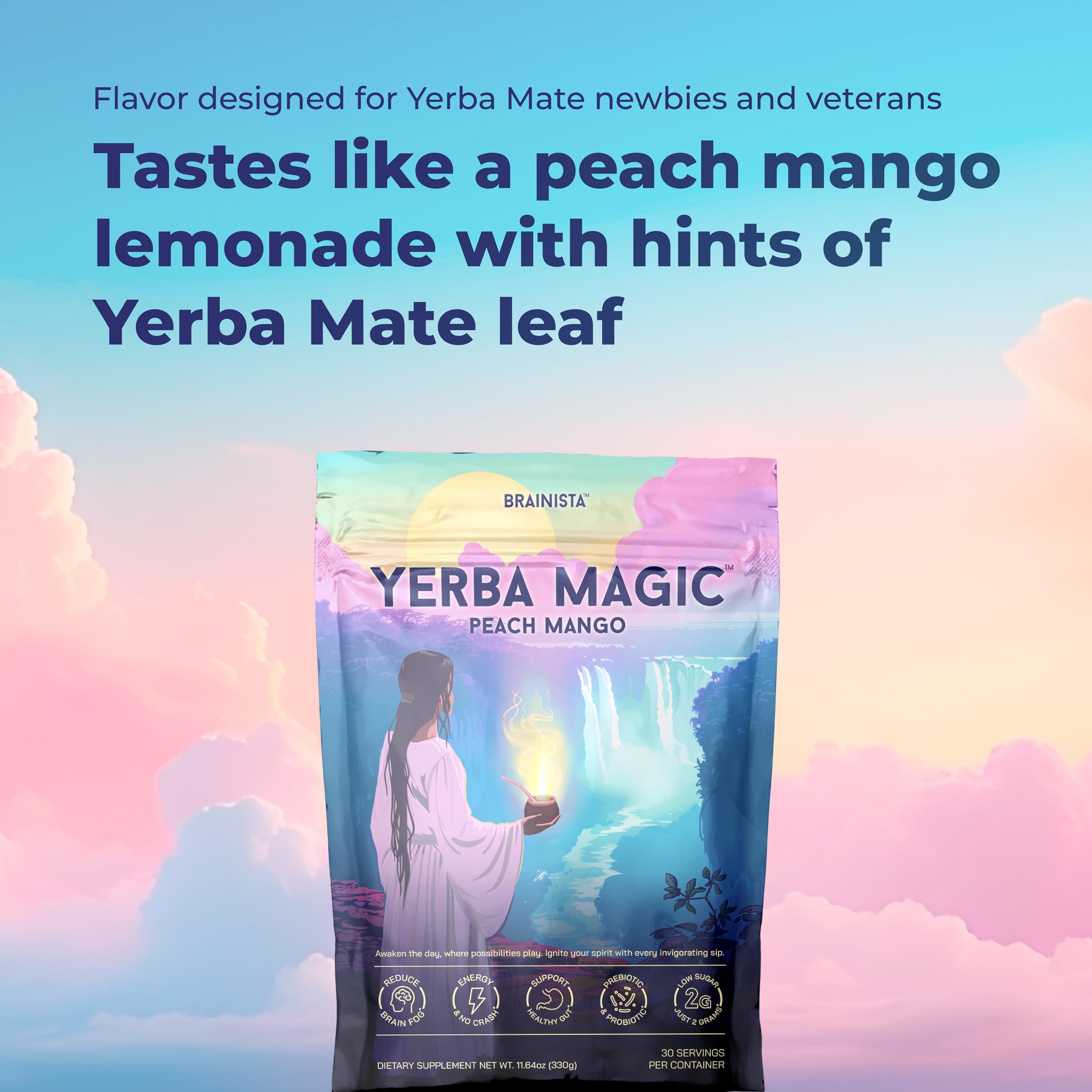 Yerba Magic – Yerba Mate Tea Instant Powder Super Drink with Nootropics, Prebiotics & Probiotics – Clean Energy, Mental Clarity & Gut Wellness | Low Sugar, Natural Caffeine – Peach Mango, 30 Servings