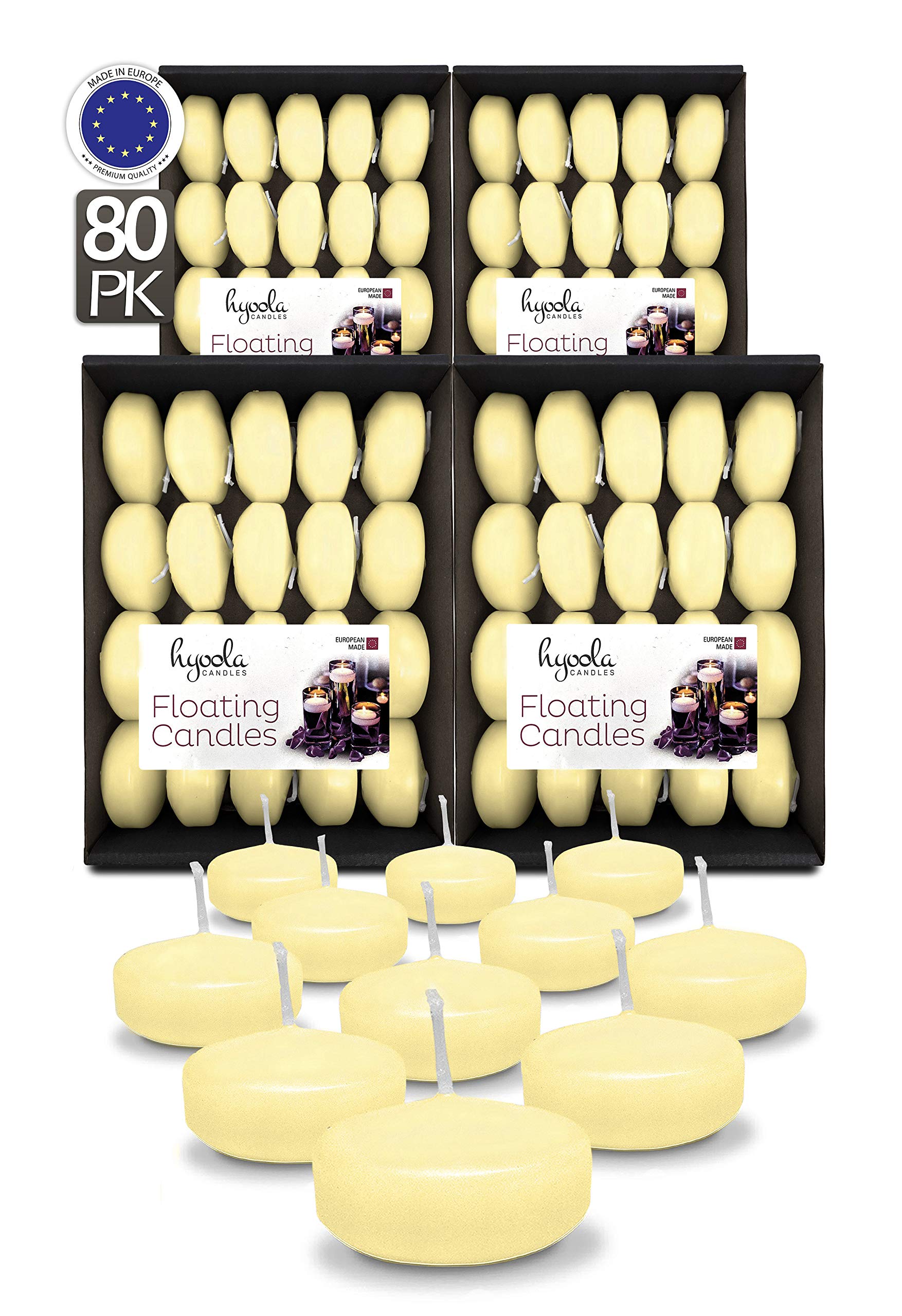 HYOOLA Premium Ivory Floating Candles 1.75 Inch - 3 Hour - 80 Pack - European Made