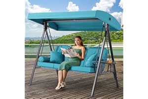 Yalissey 3 in 1 Outdoor Porch Swing with Adjustable Canopy, 3 Seat Outdoor Swing for Adults, Patio Swing Chair with Thickened Cushions,Pillows & Cup Holders for Backyard, Porch, Garden (Turquoise)