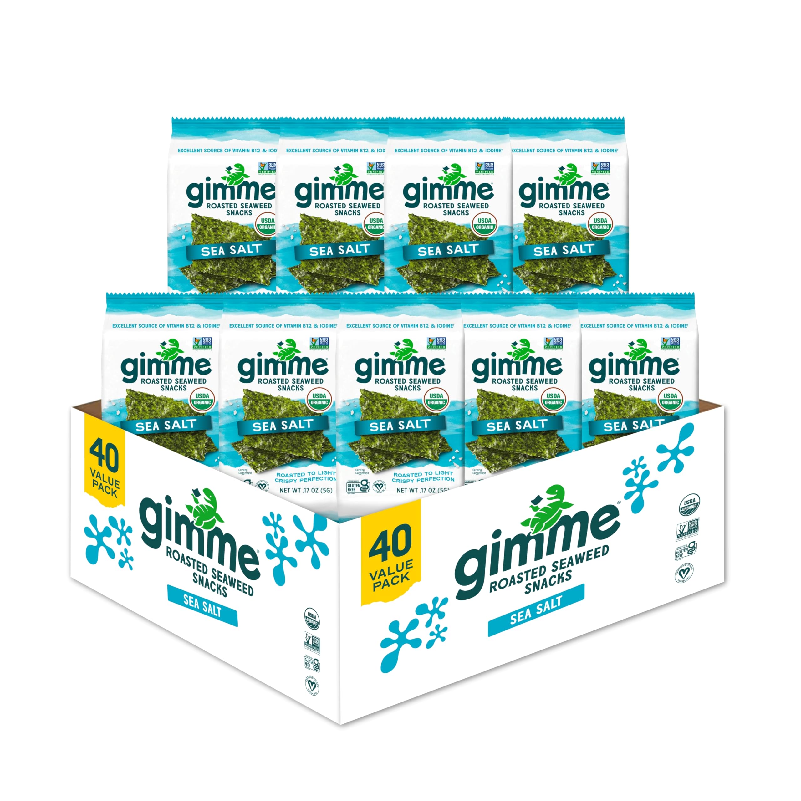 Gimme Seaweed Organic Premium Roasted Seaweed Snacks, Sea Salt, 40 Count, Keto, Vegan, Gluten-Free, Great Source of Omega3s and Iodine, Healthy On-The-Go Snack for Kids and Adults Image