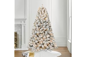 Assilyraft 6ft Pre-lit Flocked Elwood Pine Christmas Tree with 717 Branch Tips, 300 Radiant Warm White LED Lights - Captivating Realism and Enchanting Holiday Aura