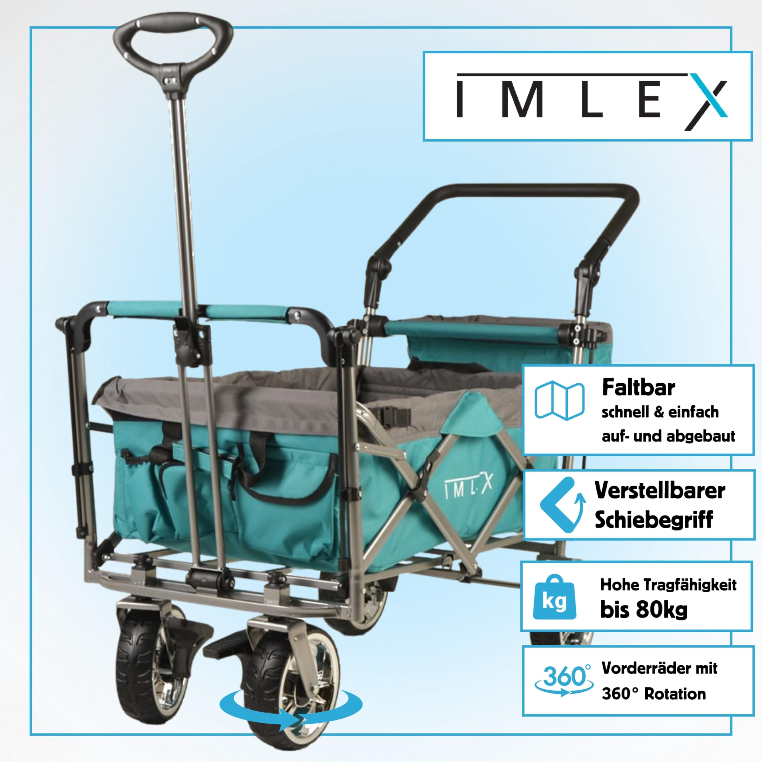 IMLEX Bollerwagen faltbar XXL mit Dach – Handwagen für 2 Kinder bis 80 kg – Schiebegriff & Zugstange – Geländereifen – kompakt klappbar für Strand, Camping, Garten, Zoo & Freizeit IM-4268 Türkis 4