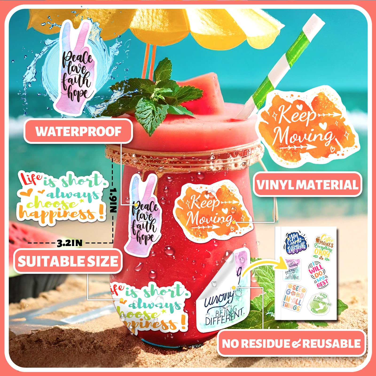 Inspirational Stickers 400 PCS - Motivational Vinyl for Laptops, Water Bottles, Journaling, Scrapbook - Positive Quotes for Adults and Kids, WM017