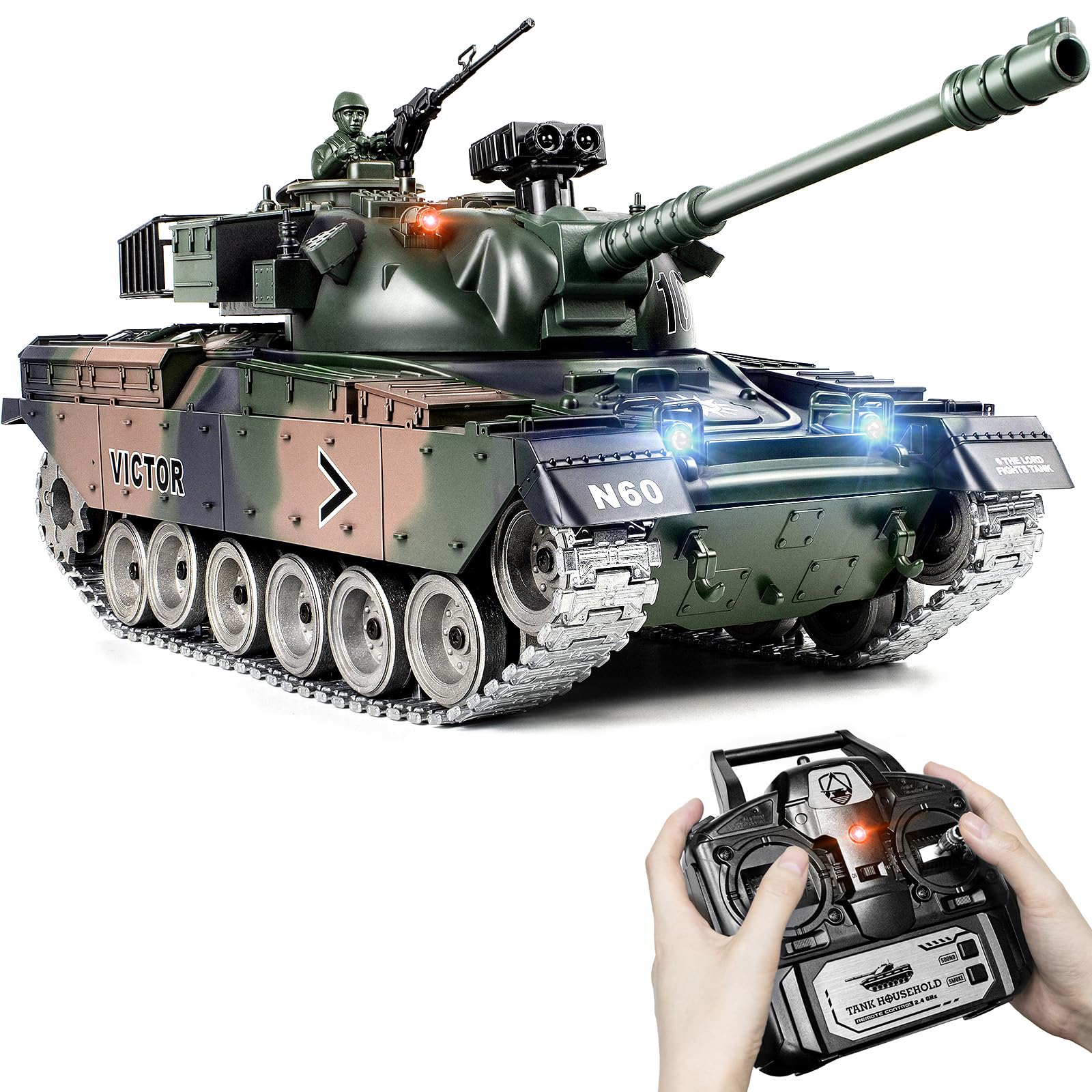 Supdex RC Tank, 1:18 Alloy Metal US M60 Remote Control Army Model Toys, 2.4Ghz RC Vehicle with Realistic Smoke, Sound and Lights, Military Tank That Shoots BBS and Water Bombs for Adults and Kids