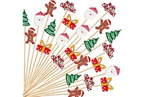 KIGEAPUEL 100 pcs Christmas Cocktail Picks, Vintage Themed Xmas Decoration Toothpicks Bamboo Appetizer Fruit Skewers for Christmas New Year Party Food Fruit Drinks Decoration(Colors B）