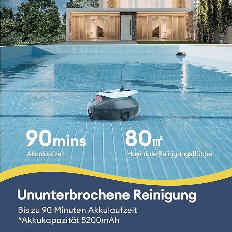 Pooleco 10 Poolroboter, kabellos, Laufzeit 90 Minuten, Kapazität 2,5 l, Doppelmotor, geeignet für oberirdische und eingegrabene Pools bis zu 80 m²