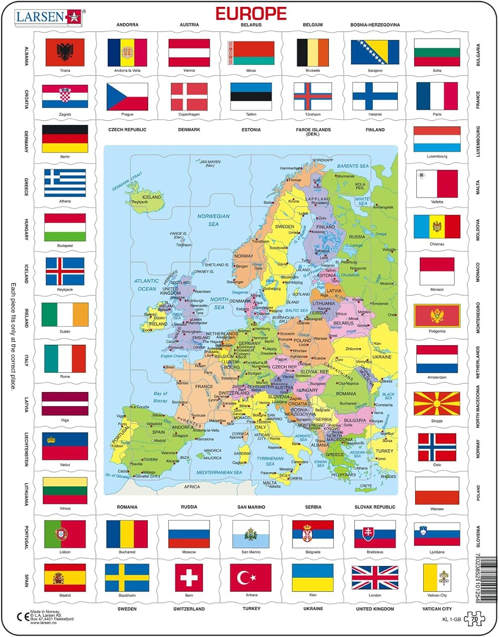 Larsen KL1 Europe Political Map Flags Jigsaw Puzzle 70 Piece Tray Frame Kids