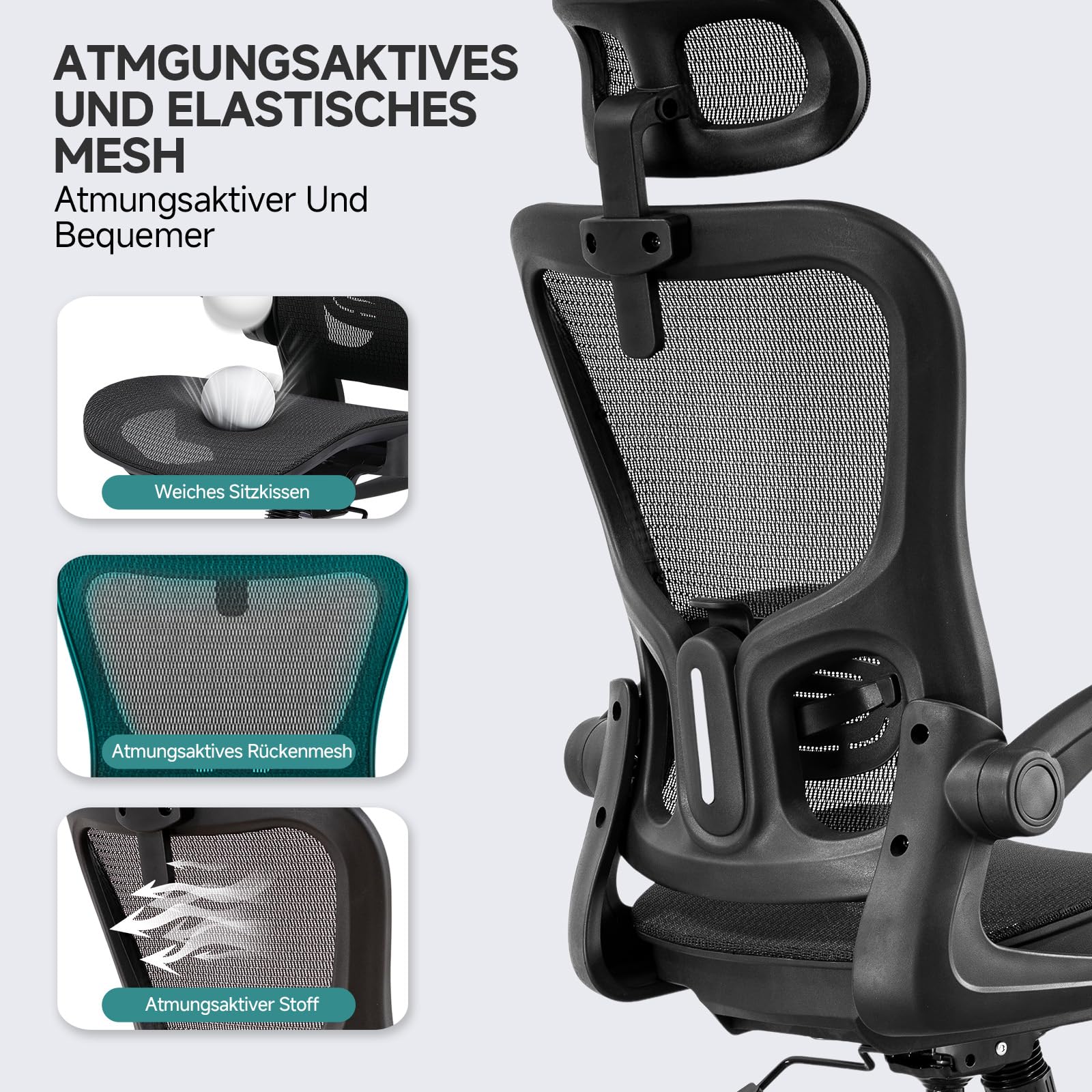 COMHOMA Bürostuhl, Schreibtischstuhl, ergonomischer Netzstuhl, mit doppellagigem Netzgewebe, atmungsaktiv, Adaptive Lendenstütze, verstellbare Kopfstütze, für Homeoffice, Drehstuhl 150 kg, Schwarz 3