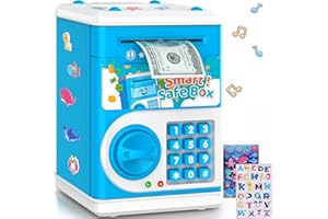 LJZJ Blue Piggy Bank for Kids, Electronic Coin Money Bank, Children's Safe Money Jar Toy Age 4 7 8 9 10 11 with Password Code Lock and Auto Grab Bill Slot, Great B-Day Xmas Toy Gifts for Kids