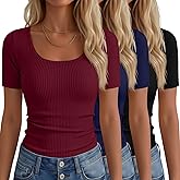 Neer 3 Pack Fitted Ribbed Scoop Neck T-Shirts for Women, Tight Short Sleeve Tops Slim Basic Tee Trendy Summer Blouses
