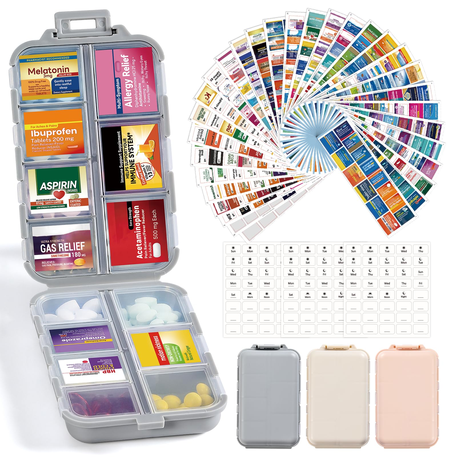 Photo 1 of 3 Pack 14 Grids Travel Pill Organizer Box with 415-Pcs Medicine Name Labels - Pocket Daily Pharmacy Case Container Kit - Travel Medication Holder Dispenser for Fish Oil Vitamin Supplement Storage