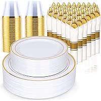 Himiyo 350 Piece Dinnerware Set for Wedding & Party,50 Guest RimPlastic Plates,50 Plastic Silverware,50 Cups,50 Linen Like Na