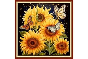 Foxdiviy Stamped Cross Stitch Kits Full Range of Embroidery Needlework Starter Kits for Beginners Adults 11CT Embroidery Patterns Art Crafts DIY Needlepoint Kits-Butterfly Sunflower 18x18 inch