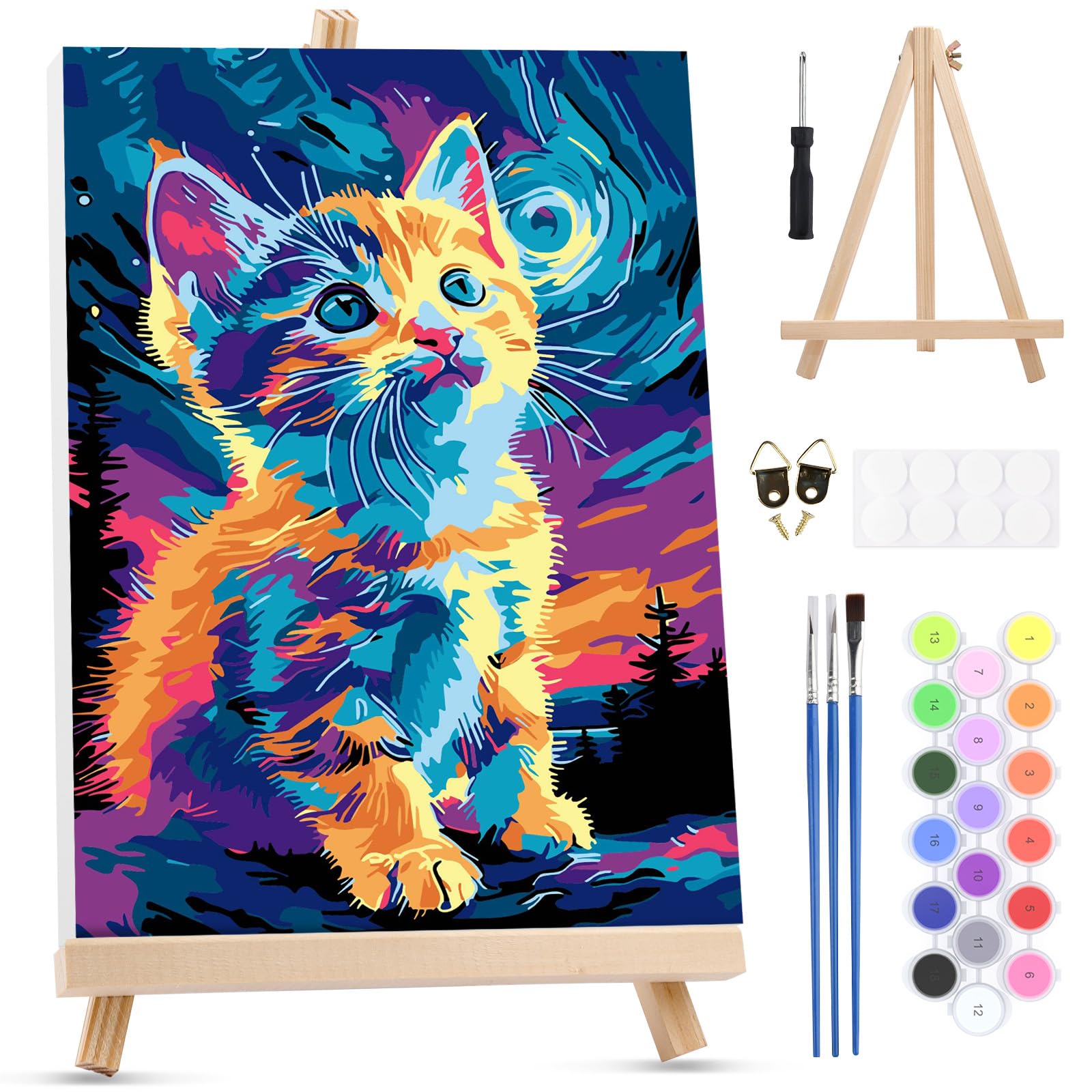 MXJSUA Starry Night Cat Framed Paint by Numbers for Adults Beginners, Easy Adults' Paint-by-Number Kits on Canvas with Easel, Acrylic Number Painting Crafts Gifts for Home Decor, 20x30cm — image 1