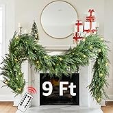 Christmas Cedar Garland Realistic with Lights - Cypress Decorations 9ft for Mantle Lighted Faux Pine Garlands for Xmas Home Decoration Indoor Stairs Railing Fireplace 9 Ft Outdoor Prelit Door Decor