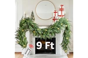 NUTIKAS Christmas Cedar Garland Realistic with Lights - Cypress Decorations 9ft for Mantle Lighted Faux Pine Garlands for Xmas Home Decoration Indoor Stairs Railing Fireplace 9 Ft Outdoor Prelit Door Decor