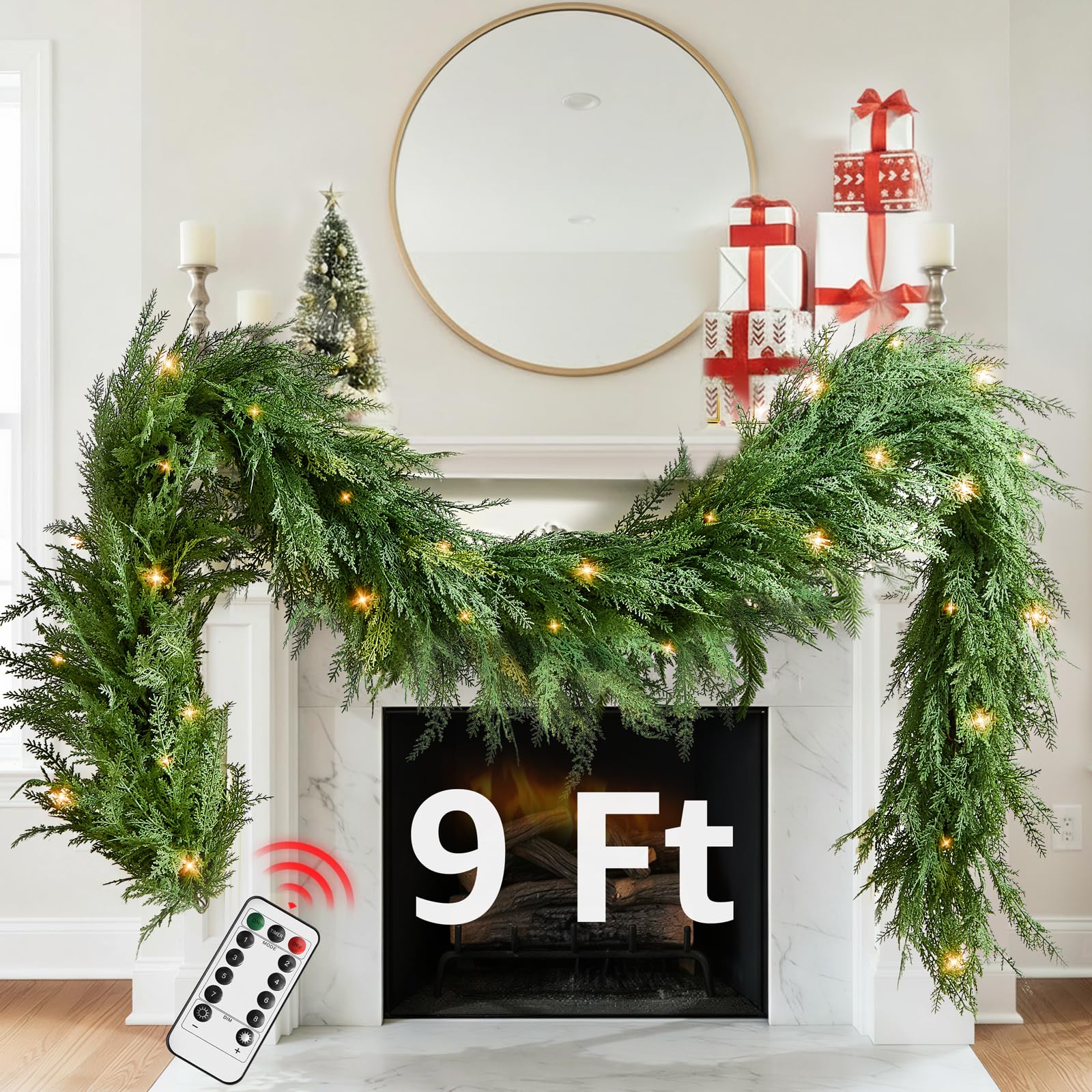 Photo 1 of ** LIGHT DOES NOT WORK**
Christmas Cedar Garland Realistic with Lights - Cypress Decorations 9ft for Mantle Lighted Faux Pine Garlands for Xmas Home Decoration Indoor Stairs Railing Fireplace 9 Ft Outdoor Prelit Door Decor