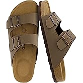 CUSHIONAIRE Lane Cork Footbed Mens Sandals, Adjustable Buckle Comfort Slides for Men, Genuine Leather Insole Summer Sandals Men Footwear