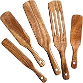 Wooden Spurtle Kitchen Utensils,QWKIT 5Pcs Premium Natural Teak Wood Slotted Spurtle Spatulas Spoons Set for Nonstick Cookware Kitchen Cooking Heat Resistant Non Stick (5)