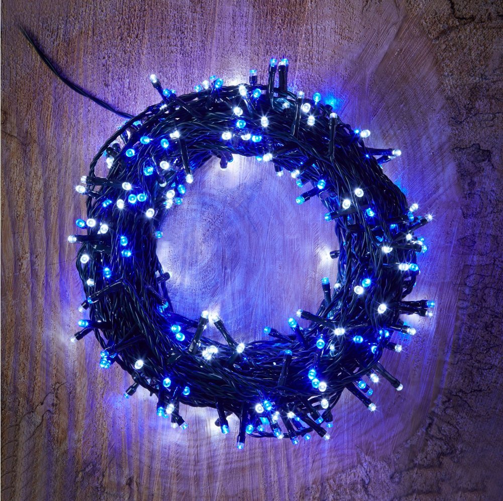 LightsGo 300LED 30M Safe Voltage Fully Weatherproof Christmas Fairy Lights Alternate Blue and White, Memory, 8H Timer,10M Lead
