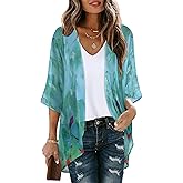 Women's Floral Print Puff Sleeve Kimono Cardigan Loose Cover Up Casual Blouse Tops
