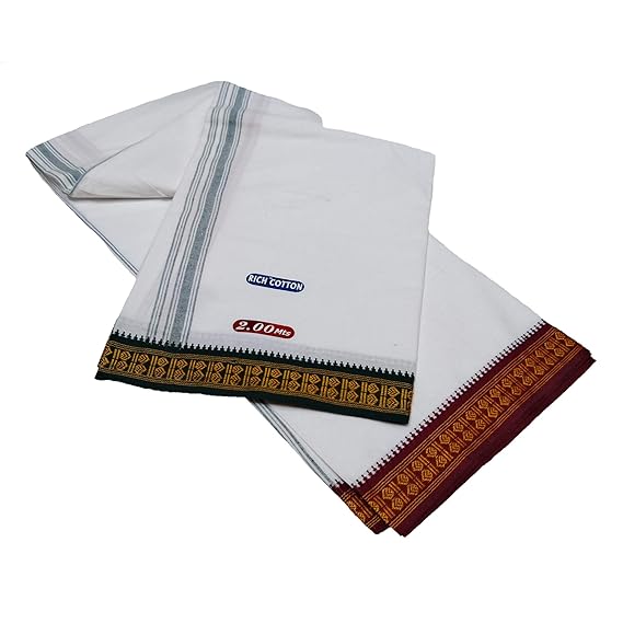 Cotton Cool 100% Cotton Rich Cotton Fancy Border Dhoti White Colour 2.00 Mts (Pack of 1 Piece)